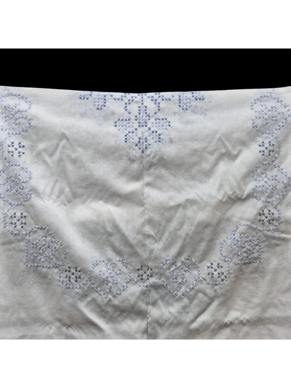 Vintage Hand Embroidered White Tablecloth Blue Cross-Stitch Heart Floral Cotton